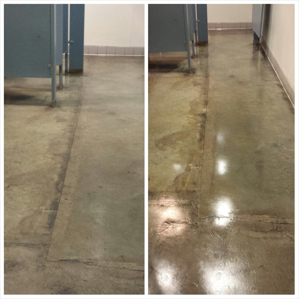 Side-by-side of stained corridor concrete before cleaning and the same floor polished after
